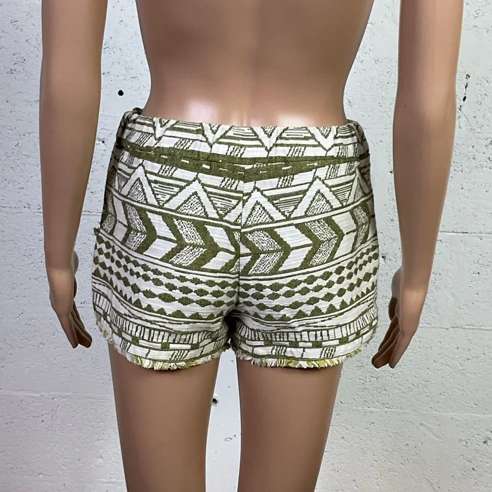 ZARA Trafaluc Y2K green ivory Aztec tapestry fringe shorts XS